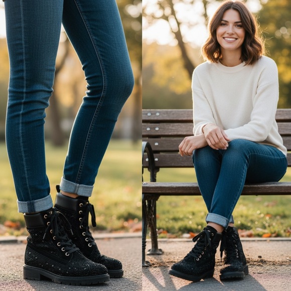 PHILIPP PLEIN Rhinestone Crystal Black Lace Up Booties Boots